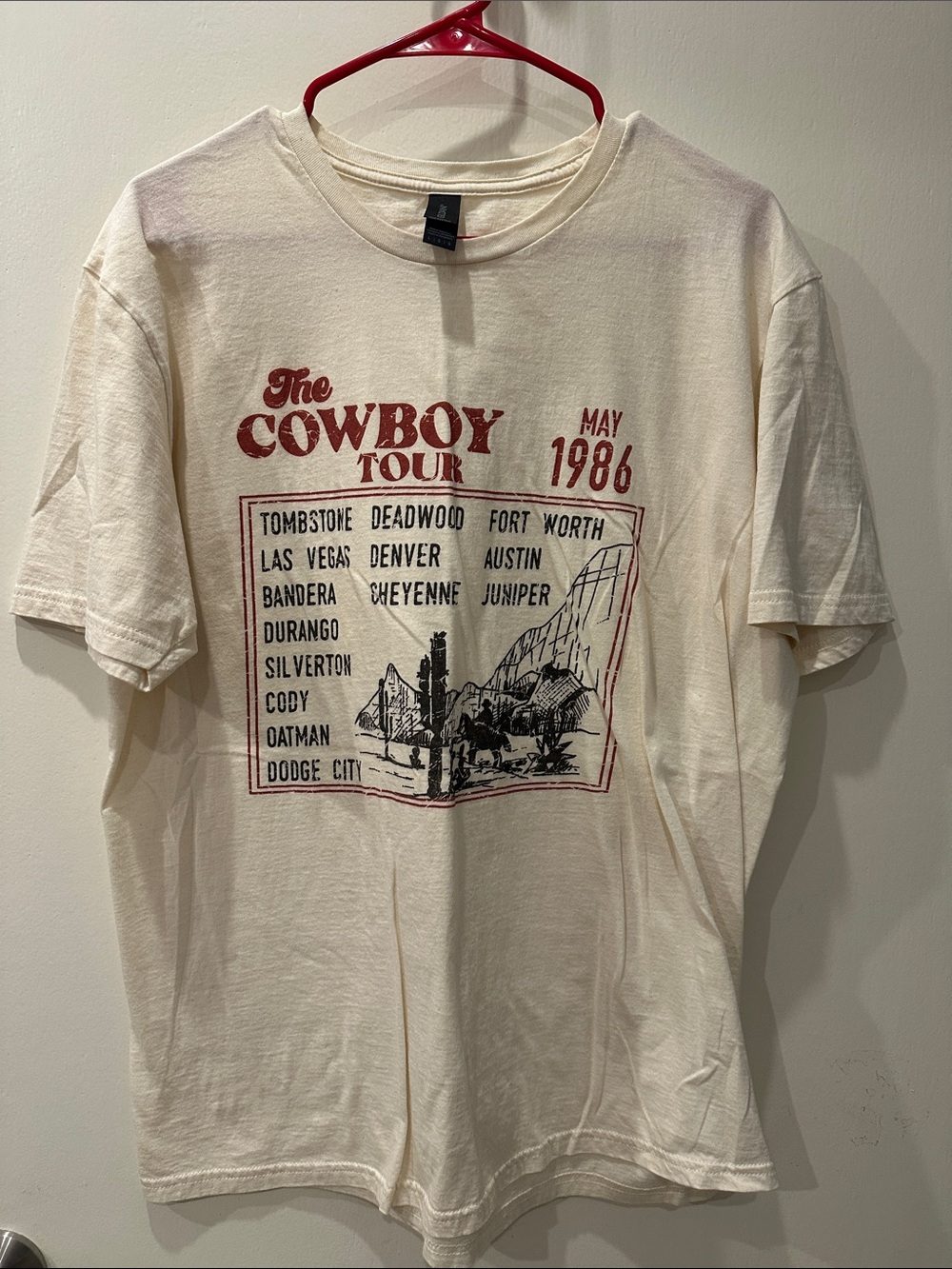 Gildan Cream T-Shirt with Red Cowboy Tour Graphic